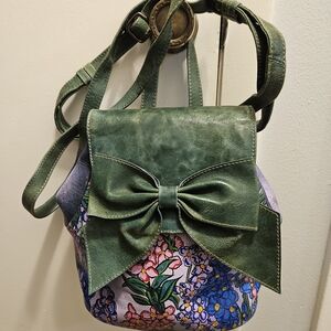 RARE Sharif Green Bow, Hand painted Floral Crossbody Bag OR Turn Into Bagpack